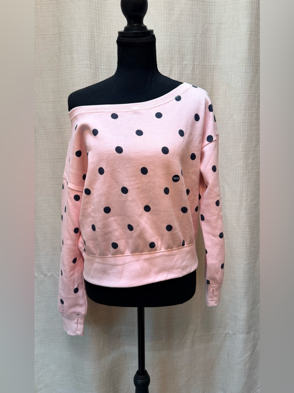 Abercrombie Kids Girls 13/14 Pink Navy Polka Dot Off Shoulder Sweatshirt NWT